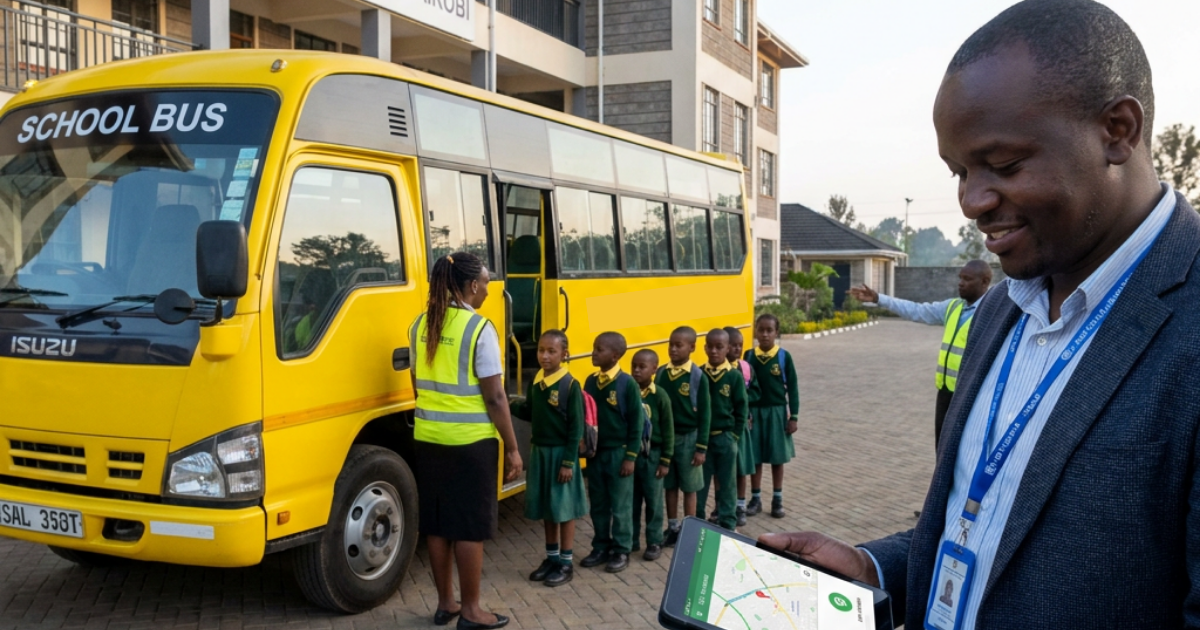 School Transport: How Real-Time Tracking Is Changing the School Run School administrator using a tablet to view a live bus-tracking map as students in green uniforms board a yellow school bus under an attendant's supervision.
