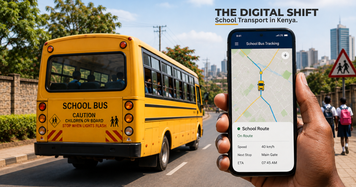 THE DIGITAL SHIFT School bus in Kenya with a smartphone displaying real-time school bus tracking