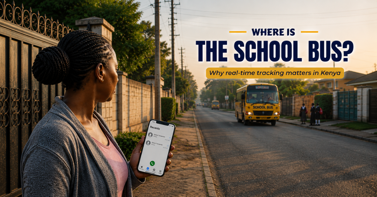 Woman checking her phone as a school bus approaches on a Kenyan residential road.
