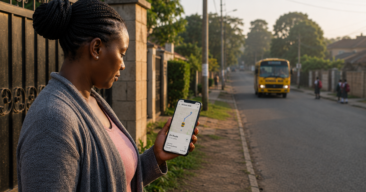 Parent checking a real-time school bus tracking app as a yellow school bus approaches on a residential street in Kenya.