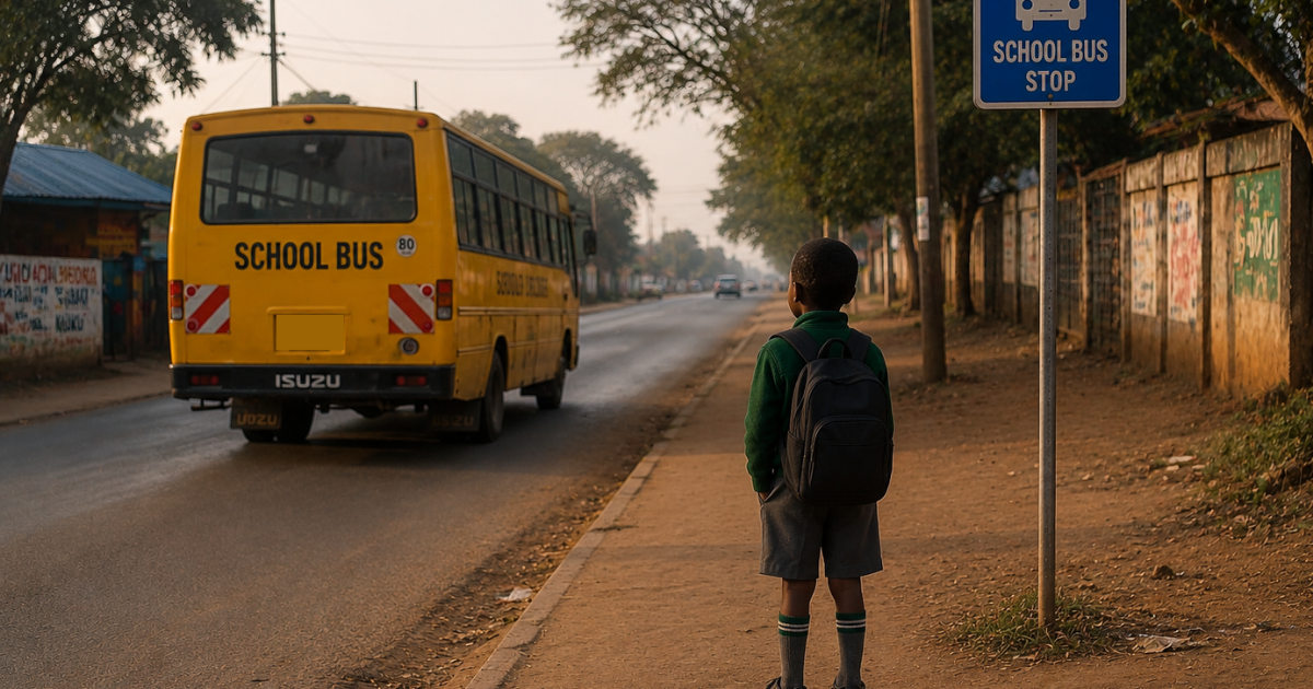 A boy stands alone at a school bus stop as a yellow school bus continues down the road without him, illustrating the gap between a bus arriving and a child actually being dropped off.