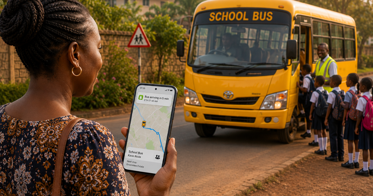 Kenyan parent checking school bus tracking app as a school bus arrives