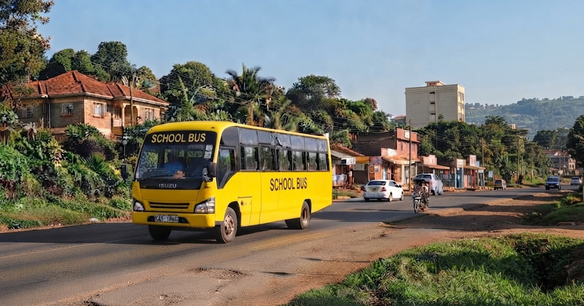 Yellow school bus on transit along a Kenyan road, representing school transport tracking and journey records.
