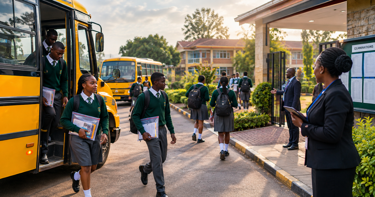 Kenyan school bus transporting students during exam season.
