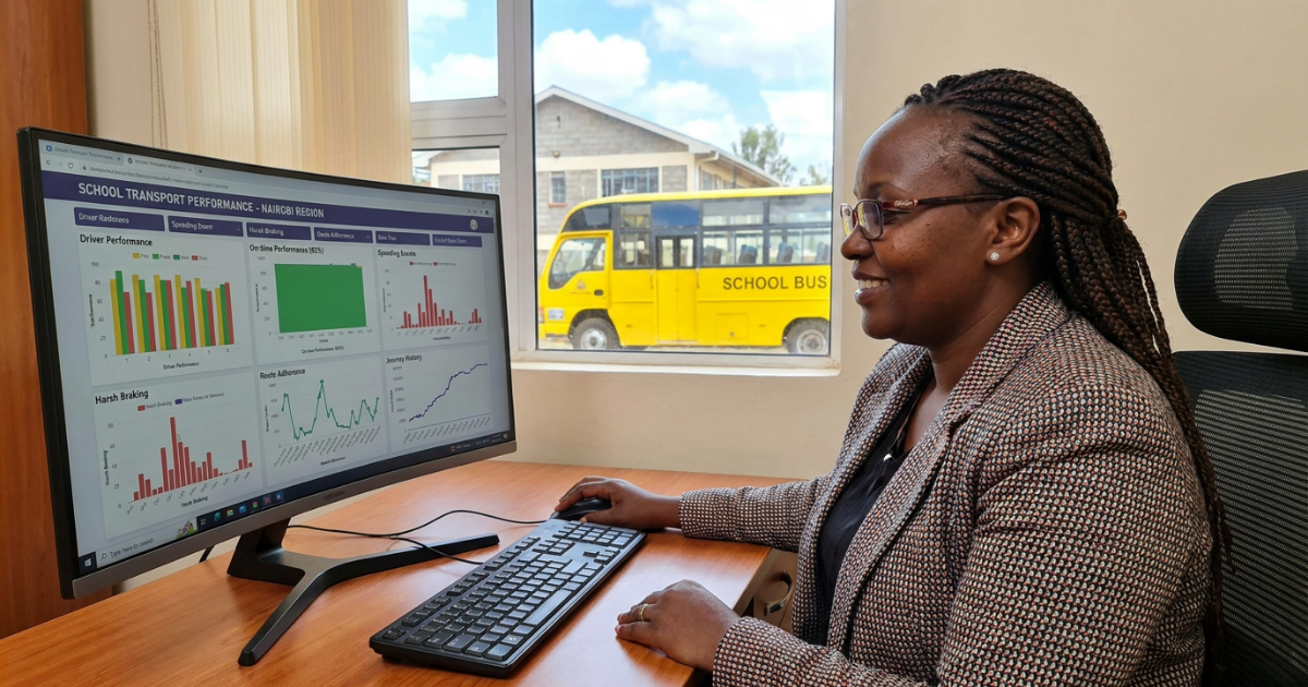 driver-performance-data-school-transport-management Kenyan school transport administrator reviewing driver performance data on a computer with a school bus visible outside the office window.