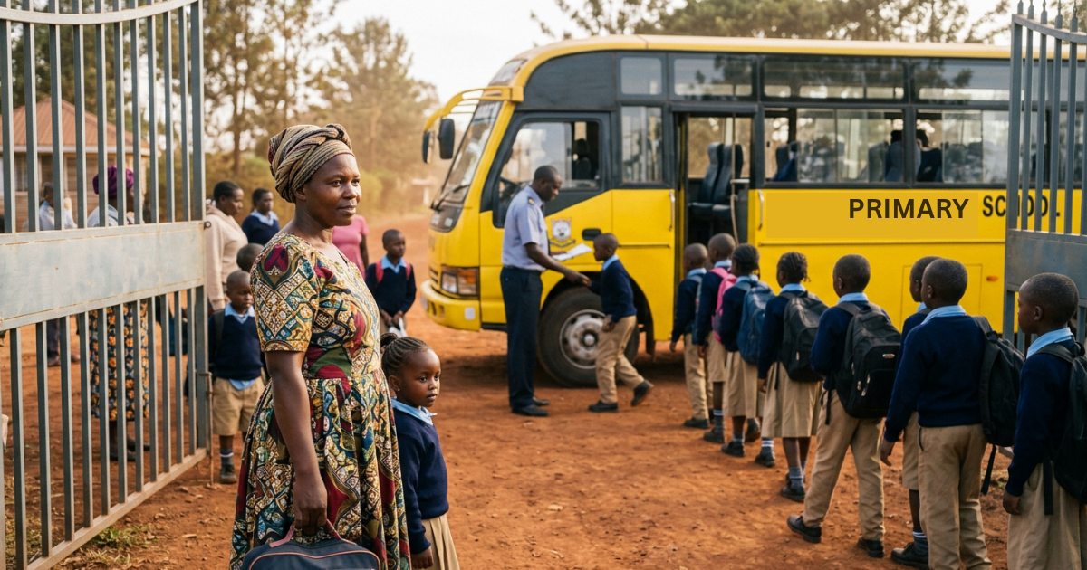 What Parents Should Expect From a Modern School Transport System Mother and daughter at school gate as children board a yellow school bus