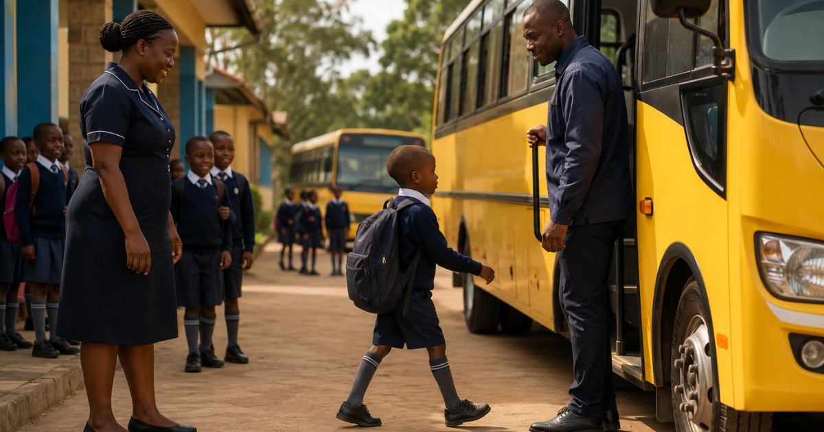 Kenyan school child boarding a school bus under the supervision of a teacher and bus attendant.