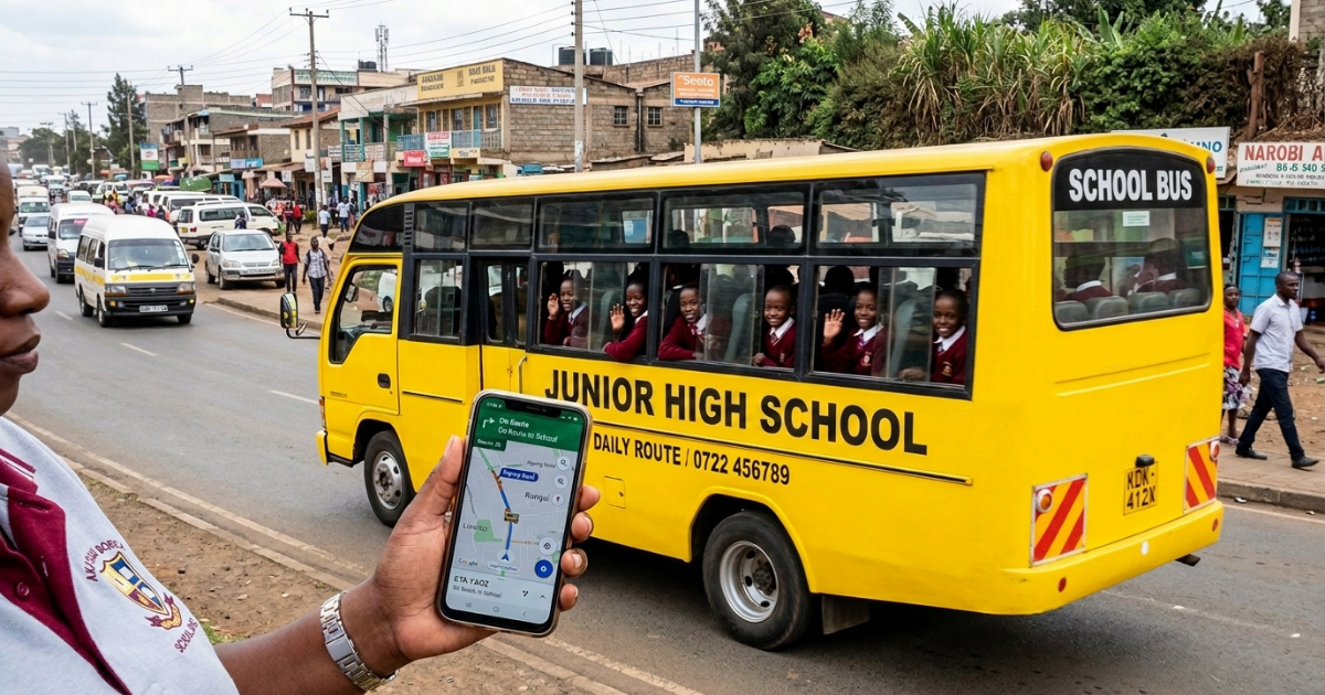 Smartphone displaying a live school bus tracking route as a yellow school bus travels along a busy Kenyan street.
