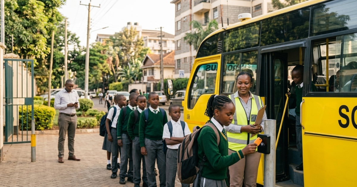 NFC-Enabled Boarding: Students Line Up to Tap In for School Transport. Kenyan schoolchildren in uniform queue to board a yellow school bus, one girl tapping an NFC device with a bus assistant.