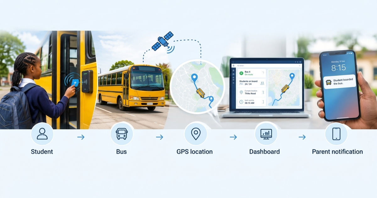 Diagram of integrated school transport system: student NFC tap-in, bus telematics, GPS tracking, dashboard, parent notification.