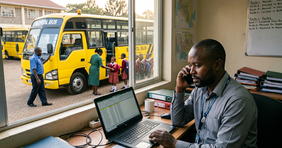 School transport manager coordinating student pickups from a desk in Kenya.