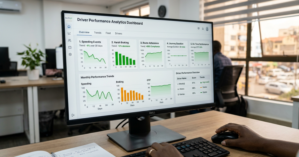 Bunifu Go driver performance analytics dashboard displayed on a computer monitor in an office.