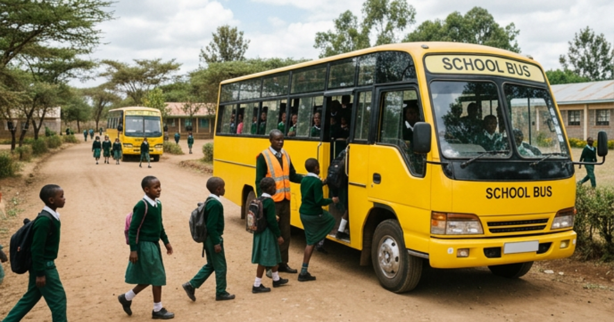 Pupils in green school uniforms and backpacks line up to board a yellow school bus while a transport attendant in an orange safety vest helps them on, with a second bus parked on the dirt road behind.
