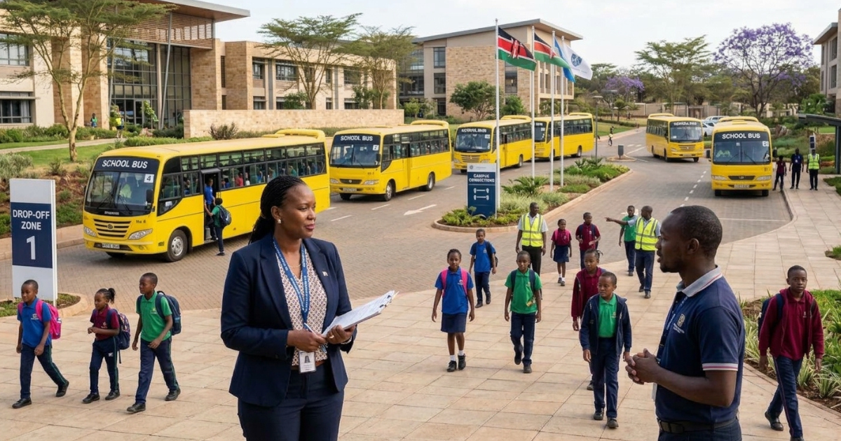 A transport coordinator holding a clipboard stands on a paved drop-off area while yellow school buses line up behind her and students in school uniforms walk past. A staff member in a navy polo watches the scene beside a “Drop-Off Zone 1” sign.