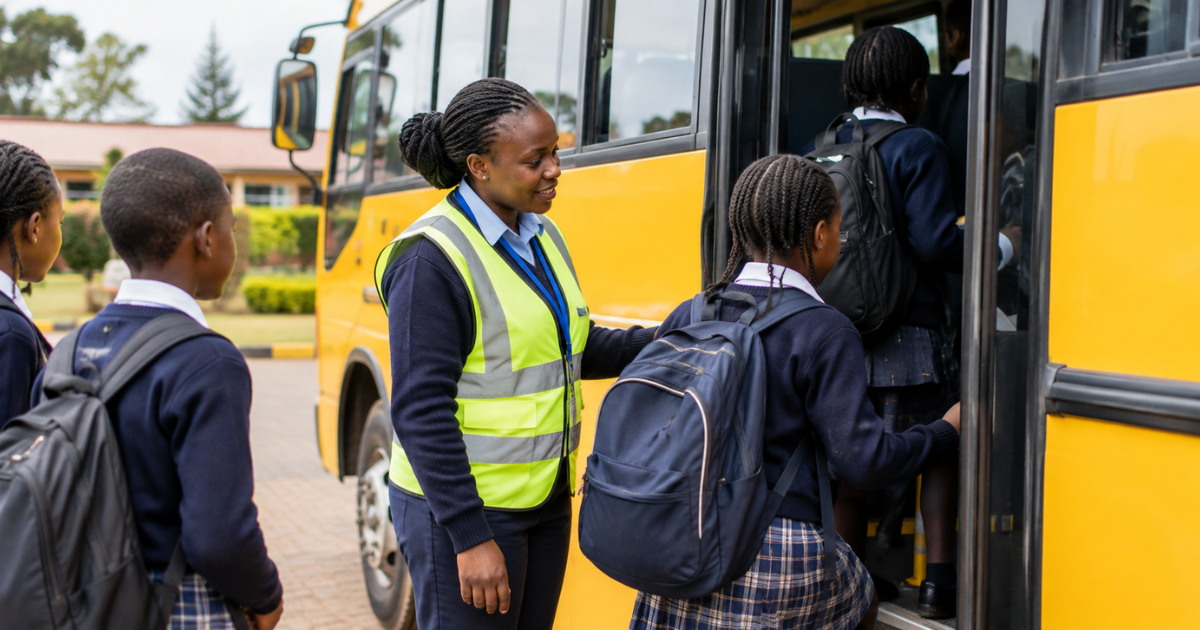 School bus attendant in a high-visibility vest helps students board a yellow school bus