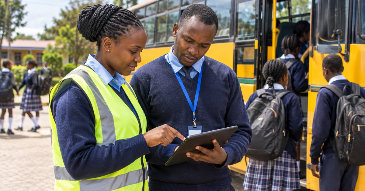 School bus attendant and staff member review boarding information on a tablet beside a school bus.