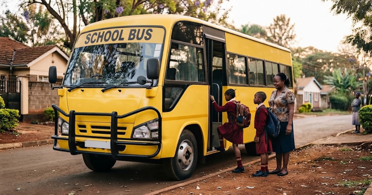 Two children in red school uniforms board a yellow school bus on a residential street as an adult watches.
