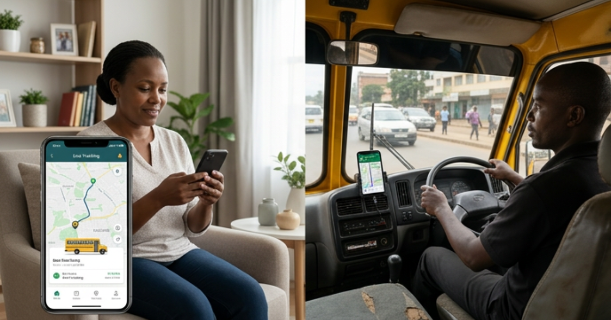 Parent checking a live school bus map on her phone at home, beside a bus driver on his route with a dashboard phone.