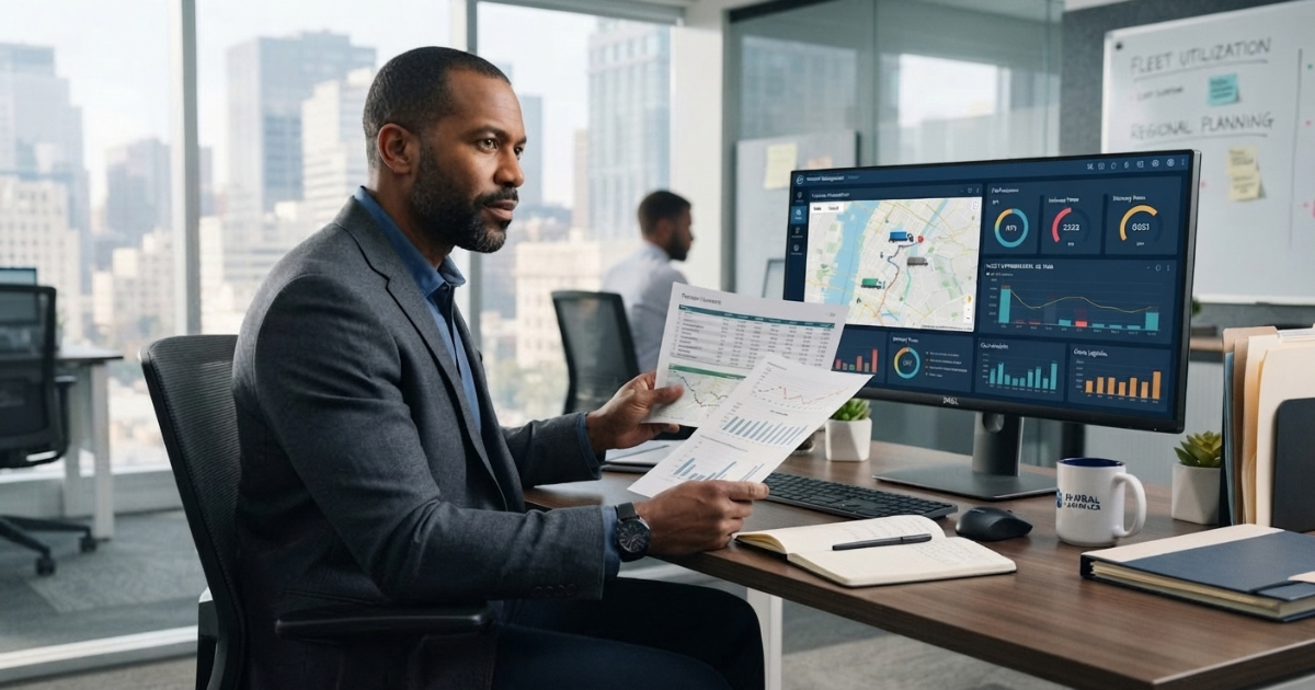 Reviewing Transport Performance Data A man in a grey blazer reviews printed transport reports at a desk while a monitor shows a fleet dashboard with a route map and performance charts.
