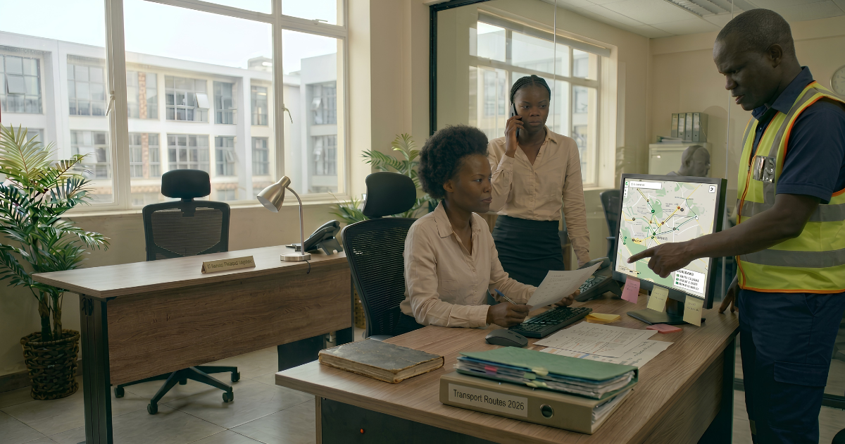 Three transport staff in an office. A driver in a hi-vis vest points to a route map on a desktop monitor while a coordinator takes a phone call and another reviews paperwork at her desk.